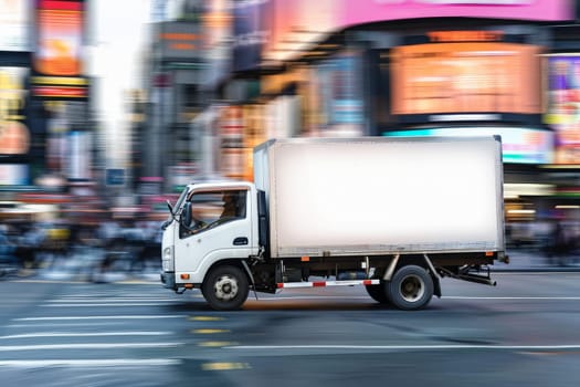 Fast delivery white truck travelling through the city streets.