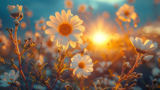 Daisy Meadow, Summer field with white daisies under blue sky.