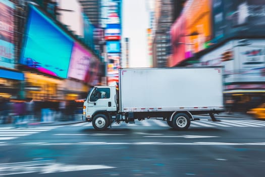 Fast delivery white truck travelling through the city streets.