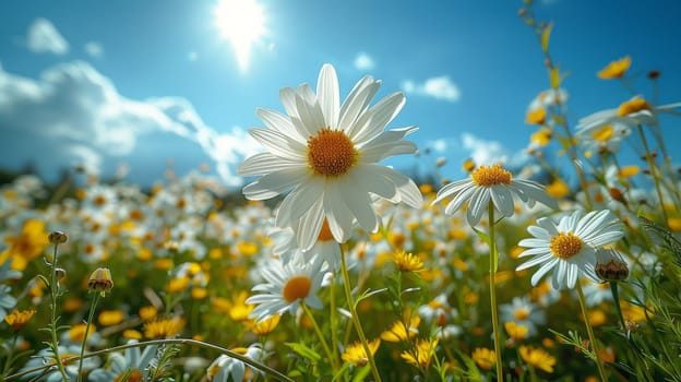 Daisy Meadow, Summer field with white daisies under blue sky.