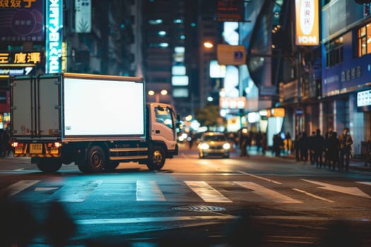 Fast delivery white truck travelling through the city streets.