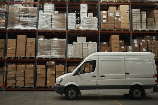 A white van inside a warehouse with shipping boxes.