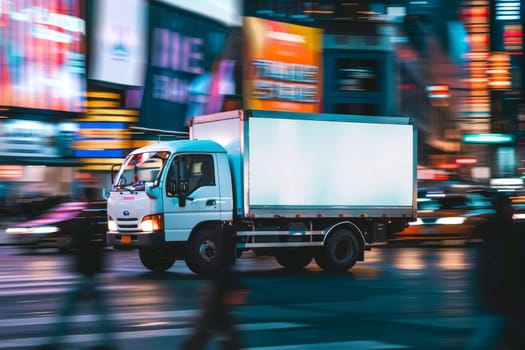 Fast delivery white truck travelling through the city streets.