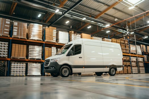 A white van inside a warehouse with shipping boxes.