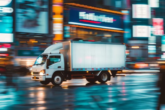 Fast delivery white truck travelling through the city streets.