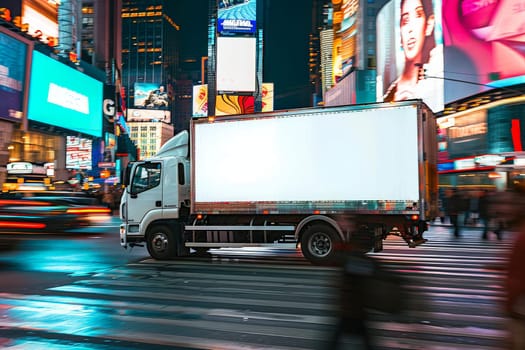 Fast delivery white truck travelling through the city streets.