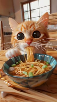 A cat is eating spaghetti on a plate.