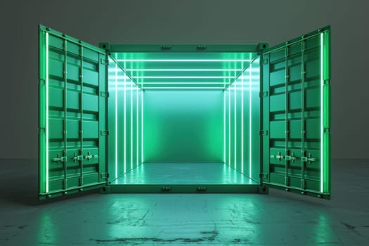 A large green container with neon lights inside.