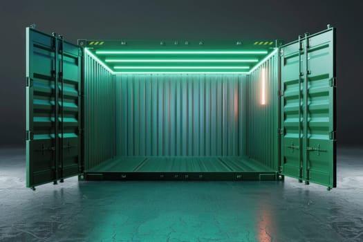 A large green container with neon lights inside. The container is open and the lights are shining through the open doors