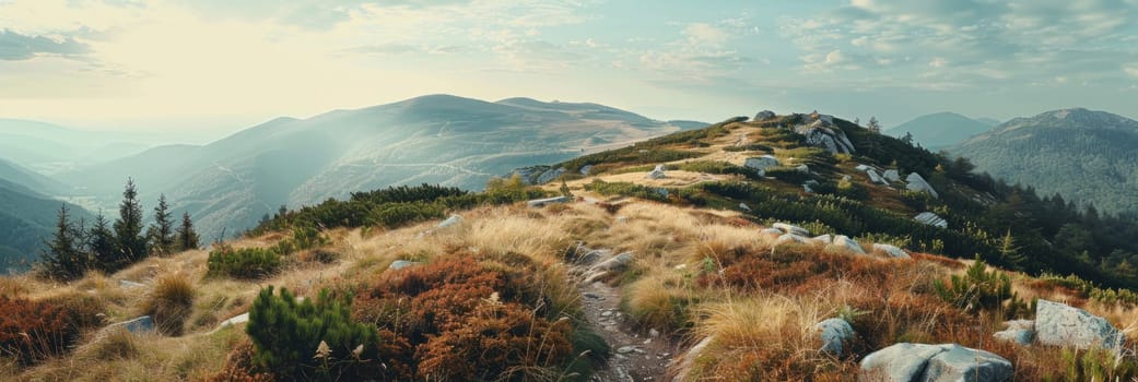 A path winds up a hillside with trees on either side.