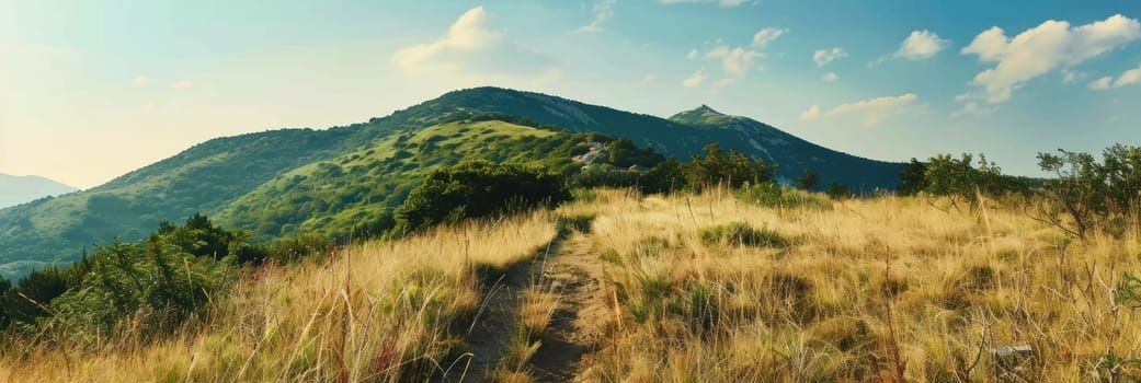 A path winds up a hillside with trees on either side.