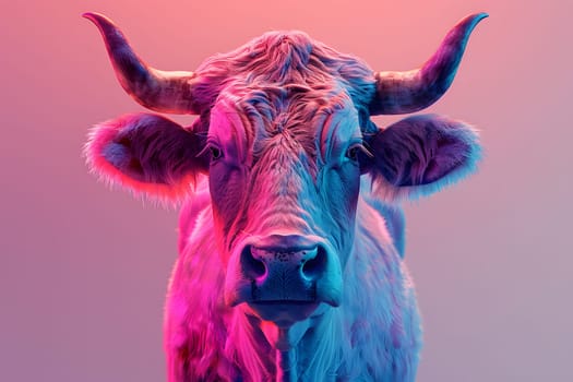 A terrestrial animal, the bull with horns, is a working animal commonly used in livestock. Its snout and eyelashes contrast against the magenta and blue landscape backdrop