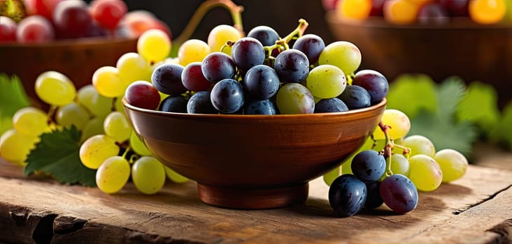 Grapes in bowl on wooden table