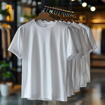 A collection of white tshirts is displayed on clothes hangers in a store, showcasing different necklines, sleeve lengths, and fashion designs for casual, sportswear, or formal wear