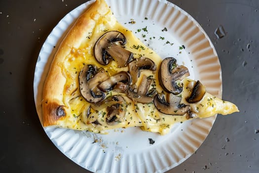 Top view of a slice of pizza with mushrooms on a paper plate. Fast food. AI generated.