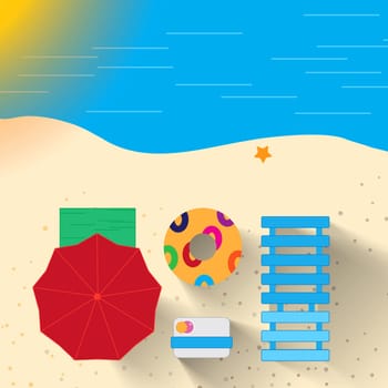 Above, abstract and beach with umbrella for summer on holiday to relax, chill and fun in hot weather. Illustration, waves and ocean for trip or travel on vacation with break in tourist destination