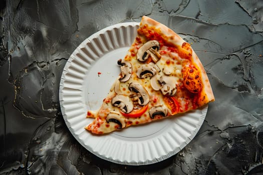 Top view of a slice of pizza with mushrooms on a paper plate. Fast food. AI generated.