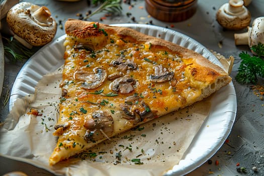 Top view of a slice of pizza with mushrooms on a paper plate. Fast food. AI generated.