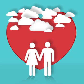 Graphic, couple and cartoon of heart for love for support, valentines day or marriage symbol. Studio background, clouds or illustration of wallpaper or holding hands for care, design or romance.