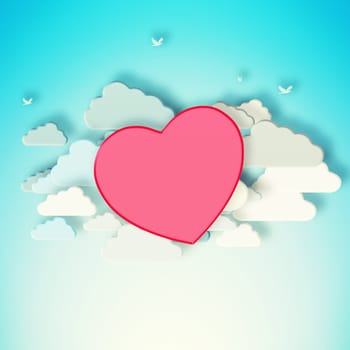 Illustration, heart and creative symbol by clouds for devotion, care and blue background. Shape, romance and sketch for valentines day celebration, icon and abstract art for support or peace emotion.