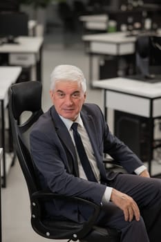 Portrait of a confident mature business man sitting in a chair in the office. Vertical photo