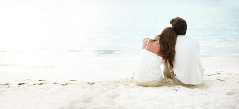 Young couple, back and love at beach outdoors for mockup, relationship and marriage. Calm, man and woman with space for support, care and flare on holiday or vacation together in nature for travel.