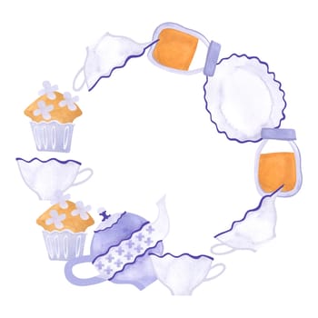 A wreath made from teaware, cupcakes and jars of honey. Decor for tea party. Isolated watercolor illustration on white background for menu design