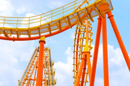 close-up image of a roller coaster track and the blue sky