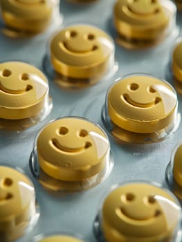 A collection of light yellow pills with smiley faces engraved on them, resembling buttons or fashion accessories. The pattern creates a cheerful and playful design on the metal surface