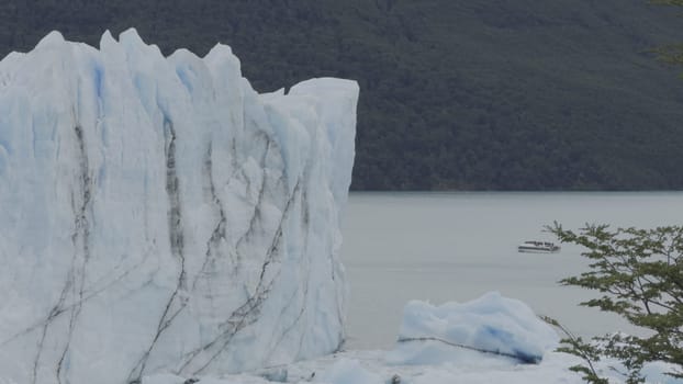 Tourist boat near Perito Moreno Glacier, with ice walls and a solitary tree in view.