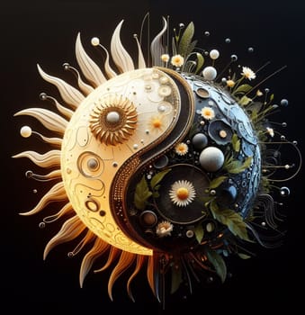 A colorful, abstract design of a yin and yang symbol. The design is made up of various shapes and colors, including blue, red, and yellow. Scene is one of harmony and balance