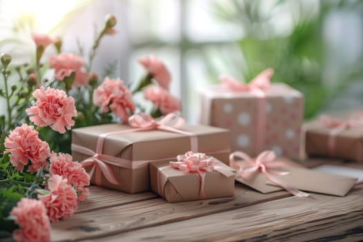 A white background with pink flowers and brown boxes. The boxes are wrapped in pink ribbon and are placed on the table