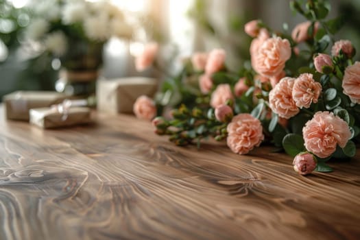 A white background with pink flowers and brown boxes. The boxes are wrapped in pink ribbon and are placed on the table