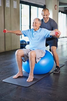 Physiotherapist, helping and senior man with dumbbell, training and elderly support for care. Men, gym and exercise for health, wellness and coaching with yoga ball for mature rehab and wellbeing.