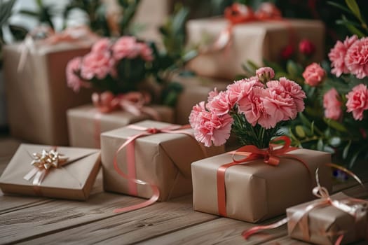 A wooden table with three brown boxes and a vase of pink flowers. Concept of warmth and celebration