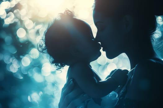 A blue and white Mother's Day card with a woman and child on it. The card is decorated with flowers and has a blue background