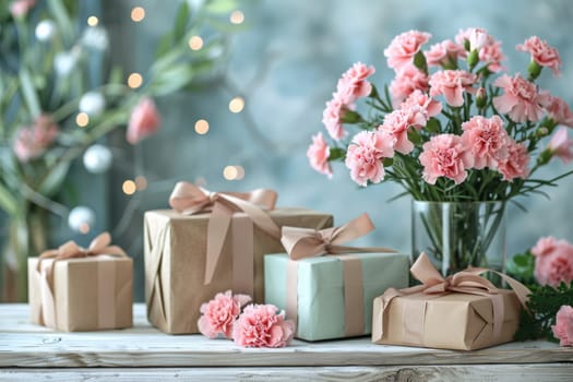 A table with a pink box and pink flowers on it. Birthday concept.