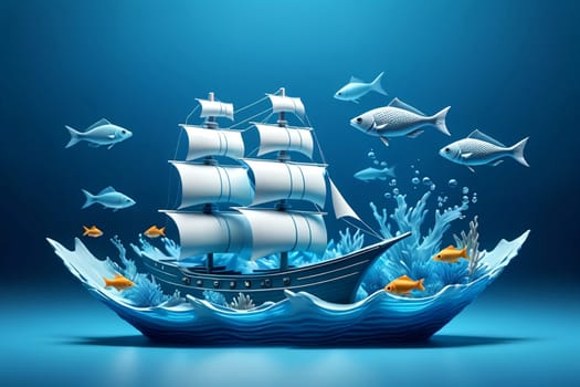 a ship sails into the sea with fish.