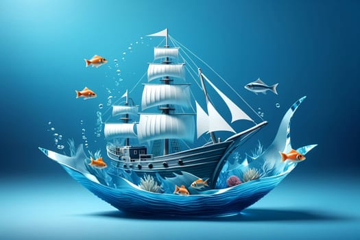 a ship sails into the sea with fish.