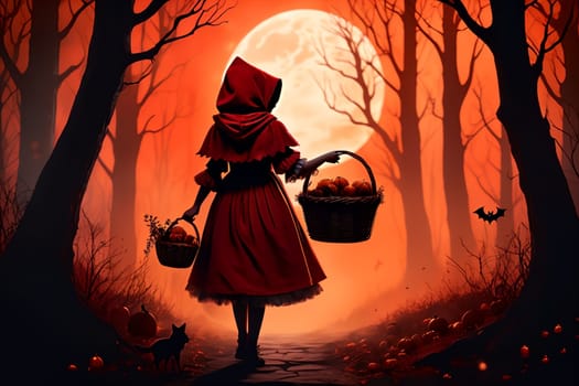 a girl in a red cloak walks through the night forest .