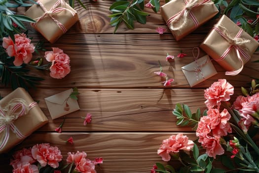 A white background with pink flowers and brown boxes. The boxes are wrapped in pink ribbon and are placed on the table