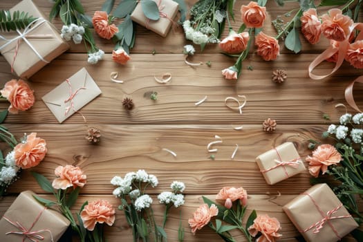 A wooden table with three brown boxes and a vase of pink flowers. Concept of warmth and celebration