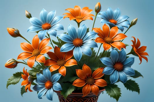 Bouquet of colorful bright flowers, isolated on a blue background.