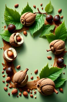 Hazelnuts with foliage isolated on green background, frame