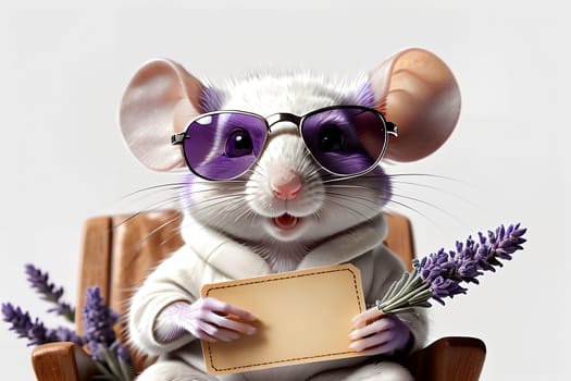 Gray cute cute mouse with lavender flower, isolated on white background