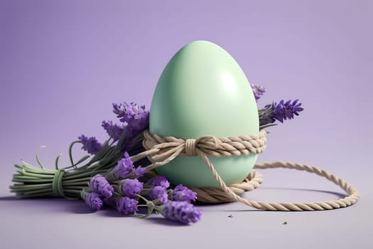 Easter eggs with Lavender flowers isolated on light green background, greeting card