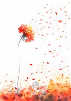 a watercolor painting of a single red flower with petals falling around it . High quality