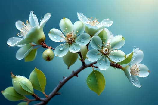 blooming white pear flowers on a blue background.