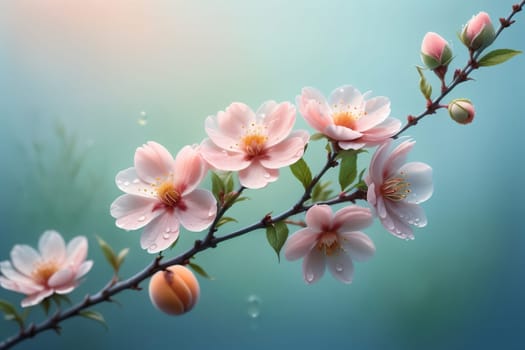 blooming pink peach flowers on a blue background.