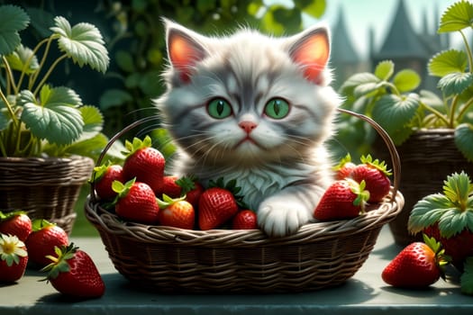 Ripe juicy red strawberries in a basket and a kitten .